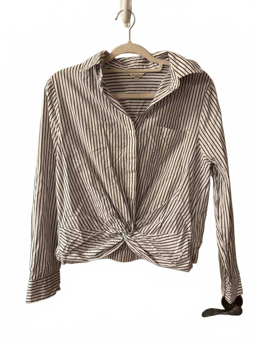 Women's Long Sleeve Striped Button-Up Shirt with Front Twist Detail